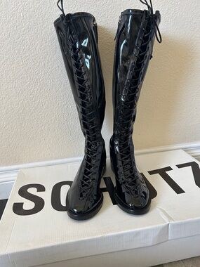 SCHUTZ Black Patent Lace-Up Knee Boots